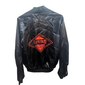 Vintage Satiny Nylon Elite Taxi Jacket VTG Black Coat Orange Logo Lined Small
